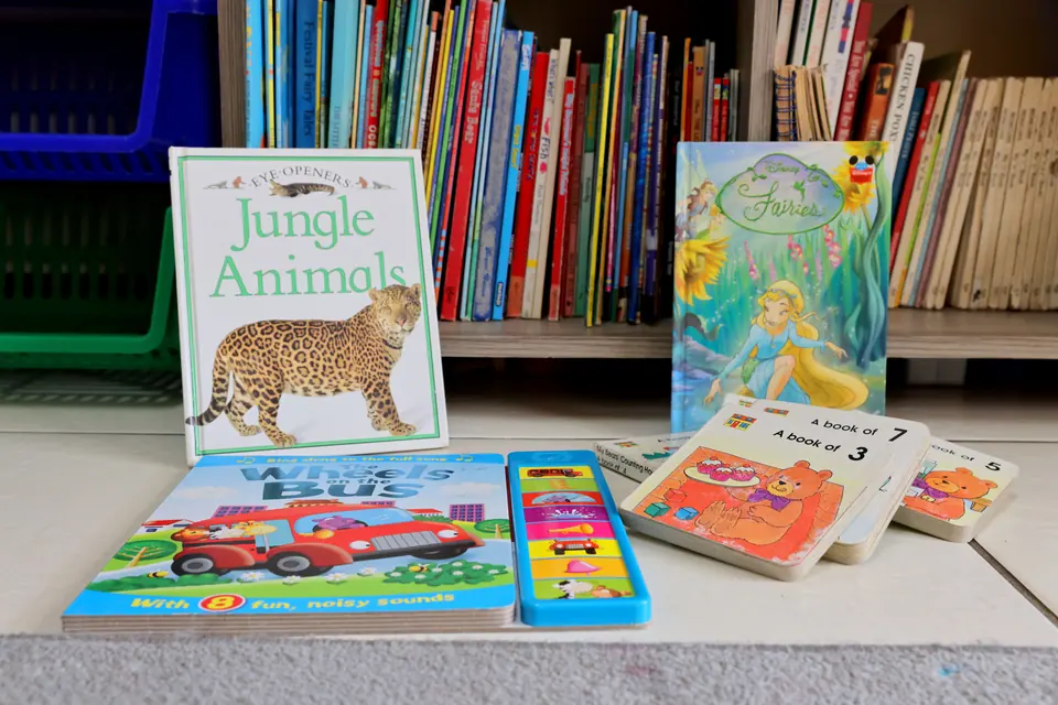 Picture books, including Jungle Animals, laid out by a bookshelf