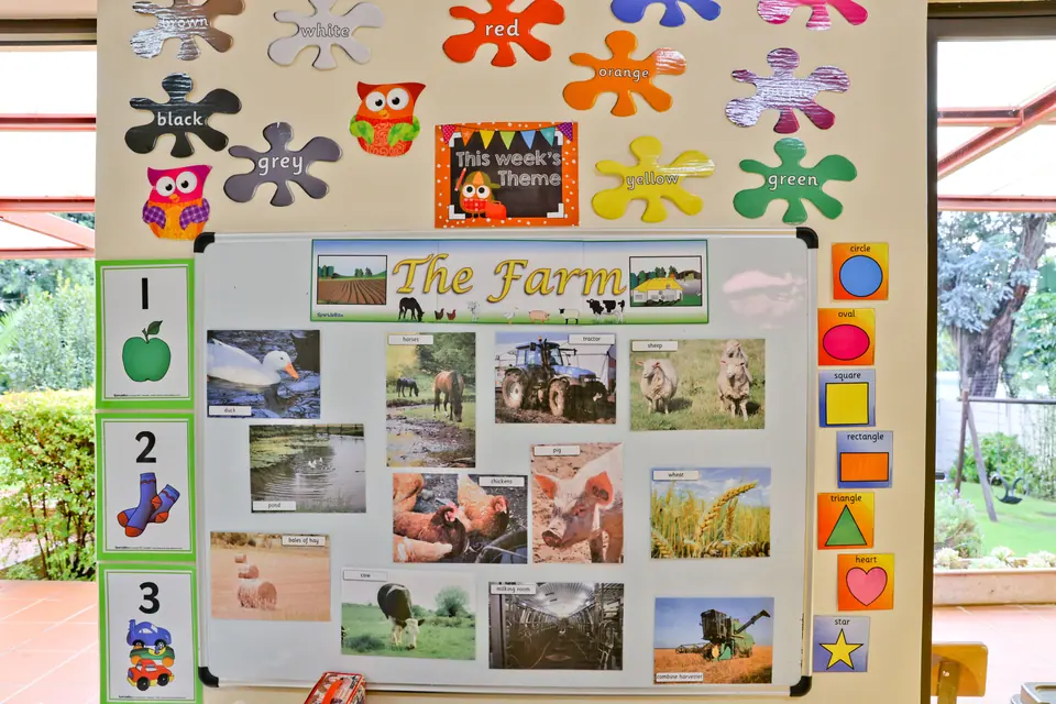 A classroom wall display about the farm, framed by colourful paper flowers